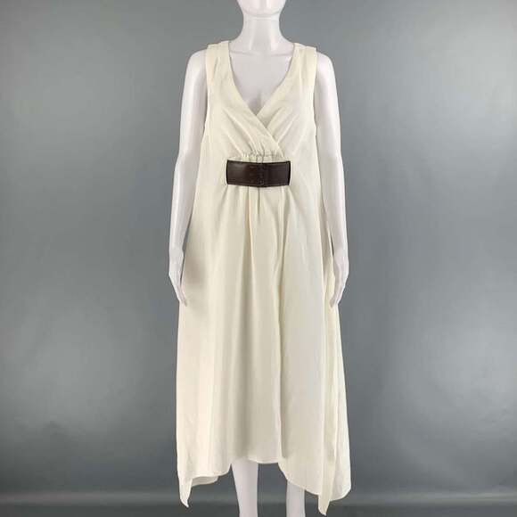 BRUNELLO CUCINELLI White Brown Viscose Linen Belted Dress - Picture 1 of 7